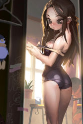 Rule 34 | 1girl, ass, bird, bite mark, blush, breasts, brown hair, cleavage, flat ass, green eyes, half updo, layna scentriver, long hair, lowres, one-piece swimsuit, open mouth, penguin, school swimsuit, small breasts, solo, swimsuit, sword girls, undressing, window