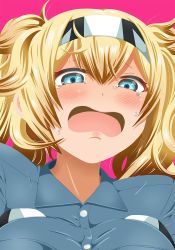 Rule 34 | 1girl, blonde hair, blue eyes, blue shirt, blush, breast pocket, breasts, collared shirt, commentary, crying, crying with eyes open, gambier bay (kancolle), hair between eyes, hairband, highres, kantai collection, large breasts, open mouth, pocket, shino (ponjiyuusu), shirt, solo, tears, twintails