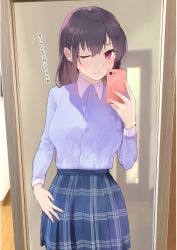 Rule 34 | 1girl, ;), absurdres, black hair, blue shirt, blue skirt, blush, cellphone, closed mouth, collared shirt, dress shirt, earrings, hair between eyes, hand up, highres, holding, holding phone, indoors, jewelry, long hair, long sleeves, looking at viewer, one eye closed, original, phone, plaid, plaid skirt, pleated skirt, red eyes, shirt, skirt, smile, solo, standing, stud earrings, tomozero, translated