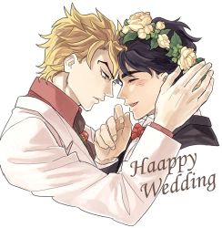 Rule 34 | 2boys, black hair, blonde hair, blouse, bow, bowtie, collared shirt, couple, english text, eyelashes, flower, forehead-to-forehead, formal, from side, hand on another&#039;s head, head wreath, heads together, jojo no kimyou na bouken, jonathan joestar, male focus, multiple boys, red shirt, shirt, simple background, suit, suna (signi57tifato), traditional bowtie, white background, white shirt, yaoi