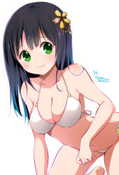 Rule 34 | 1girl, all fours, artist name, bare arms, bare legs, bare shoulders, barefoot, bikini, black hair, blue hair, blush, boshuu-chan, breasts, cleavage, collarbone, dated, gradient hair, green eyes, hair ornament, hairpin, long hair, looking at viewer, multicolored hair, navel, original, ragho no erika, ribbon, signature, simple background, smile, solo, star (symbol), stomach, swimsuit, tareme, white background, white bikini, white ribbon