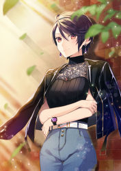 Rule 34 | 1girl, belt, black jacket, black nails, black shirt, blouse, blue pants, blurry, blurry foreground, brick wall, canno, closed mouth, commentary, cowboy shot, crossed arms, earrings, falling leaves, gundou mirei, gundou mirei (5th costume), highres, jacket, jacket on shoulders, jewelry, leaf, leather, leather jacket, light particles, looking at viewer, nail polish, necklace, nijisanji, pants, purple hair, red eyes, ribbed shirt, see-through, see-through shirt, shirt, short hair, short sleeves, smile, solo, sparkle, virtual youtuber, watch, wristwatch
