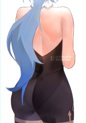 Rule 34 | 1girl, absurdres, artist name, ass, bare shoulders, black bodysuit, blue hair, bodystocking, bodysuit, commentary, cowboy shot, english commentary, from behind, ganyu (genshin impact), genshin impact, gold trim, head out of frame, highres, iraeyah, leotard, leotard under clothes, long hair, looking away, low ponytail, print bodysuit, shoulder blades, simple background, solo, twitter username, very long hair, white background
