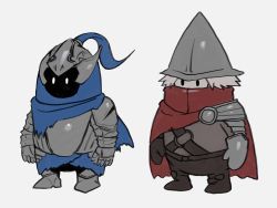 Rule 34 | 2others, abyss watcher, abyss watcher (cosplay), armor, arms at sides, artorias the abysswalker, artorias the abysswalker (cosplay), blue capelet, breastplate, brown gloves, brown pants, cape, capelet, cosplay, dark souls (series), dark souls i, dark souls iii, fall guy, fall guys, full body, gauntlets, gloves, greaves, grey hair, helmet, highres, hood, ibuo (ibukht1015), mask, mouth mask, multiple others, pants, pauldrons, plume, red cape, short hair, shoulder armor, simple background, single gauntlet, solid oval eyes, standing, white background