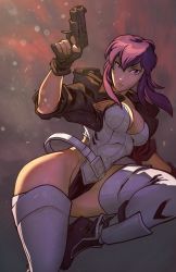 Rule 34 | 1girl, absurdres, breasts, cleavage, cropped jacket, edwin huang, ghost in the shell, ghost in the shell stand alone complex, gun, handgun, highres, kusanagi motoko, large breasts, leotard, purple hair, solo, thighhighs, weapon