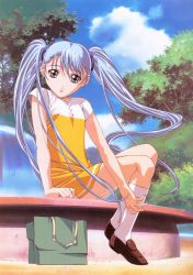 Rule 34 | 1990s (style), 1girl, absurdres, arm support, bag, bench, blue hair, brown eyes, brown footwear, cloud, day, dress, foliage, fountain, gotou keiji, highres, hoshino ruri, huge filesize, kidou senkan nadesico, kneehighs, knees up, loafers, long hair, looking at viewer, outdoors, retro artstyle, scan, shoes, sitting, sky, smile, socks, solo, spread legs, tree, twintails, very long hair, white socks, yellow dress