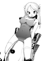 Rule 34 | 10s, 1girl, bakuon!!, bell, breasts, competition school swimsuit, exhaust, greyscale, hair bell, hair ornament, highres, large breasts, monochrome, motor vehicle, motorcycle, navel, one-piece swimsuit, orimoto mimana, school swimsuit, solo, suzuki (company), suzunoki rin, swimsuit, thighhighs, twintails, vehicle