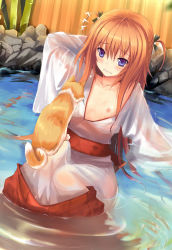 Rule 34 | 1boy, bamboo, blue eyes, blush, brown hair, cat, collarbone, dreamlight2000, fish, flat chest, hair ribbon, japanese clothes, kimono, male focus, miko, nipples, obi, open mouth, orange hair, original, pond, red hair, ribbon, sash, see-through, sitting, sitting on person, solo, trap, twintails, water, wet