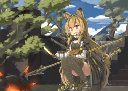 Rule 34 | 1girl, absurdres, animal ear fluff, animal ears, arknights, black dress, black footwear, black thighhighs, ceobe (arknights), collared dress, day, dress, fang, full body, hair between eyes, highres, hinbackc, holding, holding knife, holding polearm, holding weapon, knife, light brown hair, long hair, long sleeves, medium dress, multicolored clothes, multicolored dress, outdoors, parted lips, polearm, red eyes, saliva, scenery, shoes, skin fang, solo, squatting, sword, sword behind back, tail, tail raised, thighhighs, very long hair, weapon, white dress