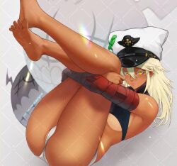 Rule 34 | 1girl, artist name, ass, bandaged arm, bandages, bare legs, bare shoulders, barefoot, breasts, clover, commentary, crop top, dark-skinned female, dark skin, english commentary, feet, foot out of frame, four-leaf clover, gabriel carrasquillo, guilty gear, guilty gear strive, hair between eyes, hat, leg hold, legs, legs up, long hair, looking at viewer, lying, medium breasts, on back, patreon username, ramlethal valentine, shirt, short shorts, shorts, sleeveless, sleeveless shirt, soles, solo, thighs, toes, underboob, white hair, white shorts, yellow eyes