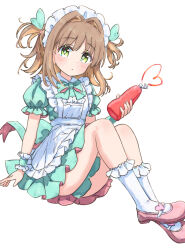 Rule 34 | 1girl, alternate costume, apron, blush, bottle, bow, brown hair, closed mouth, collared dress, commentary request, dress, enmaided, frilled apron, frilled socks, frills, green bow, green dress, green eyes, hair intakes, highres, holding, holding bottle, ketchup, ketchup bottle, knees up, looking at viewer, maid, maid apron, maid headdress, oka asahi, onii-chan wa oshimai!, pink footwear, puffy short sleeves, puffy sleeves, shoes, short sleeves, simple background, sitting, socks, solo, tetesudeesu, two side up, white apron, white background, white socks, wrist cuffs