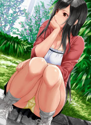 Rule 34 | 1990s (style), 1girl, alternate costume, black hair, black skirt, breasts, brown eyes, cardigan, casual, cleavage, closed mouth, collarbone, day, final fantasy, final fantasy vii, foreshortening, head rest, highres, knees together feet apart, large breasts, long hair, looking away, open cardigan, open clothes, outdoors, panties, pantyshot, plant, retro artstyle, shoes, sidelocks, skirt, sneakers, socks, solo, squatting, switch01, tifa lockhart, underwear, white socks, yellow panties