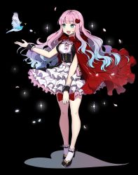 Rule 34 | 1girl, bare arms, bare legs, bird, black background, black footwear, bow, breasts, cape, dark background, dress, frills, full body, hair ornament, heart, heart hair ornament, high heels, holding, large breasts, leaf, long hair, open mouth, original, pink hair, pumps, red cape, shoes, simple background, sleeveless, solo, ssumbi, standing, wavy hair, wrist cuffs