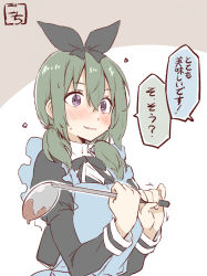 Rule 34 | 1girl, apron, artist name, assault lily, black bow, blue apron, blush, bow, brown background, commentary request, cropped jacket, crossed bangs, flying sweatdrops, frilled apron, frills, gochisousama (tanin050), green hair, hair between eyes, hair bow, hair over shoulder, hands up, highres, holding, holding ladle, juliet sleeves, ladle, long hair, long sleeves, looking away, low twintails, neck ribbon, nervous, parted lips, puffy sleeves, purple eyes, ribbon, school uniform, short twintails, solo, speech bubble, standing, sweat, translated, trembling, twintails, two-tone background, upper body, white background, yamanashi hibari, yurigaoka girls academy school uniform