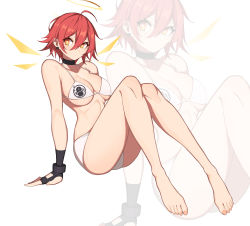 Rule 34 | 1girl, absurdres, ahoge, arknights, bare legs, bare shoulders, barefoot, bikini, black gloves, breasts, bright pupils, cleavage, closed mouth, detached wings, earrings, energy wings, exusiai (arknights), fingerless gloves, full body, gloves, hair between eyes, halo, hanenosaki, highres, jewelry, knees up, large breasts, legs, looking at viewer, orange eyes, penguin logistics logo, print bikini, red hair, short hair, sitting, solo, swimsuit, white background, white bikini, wings, zoom layer