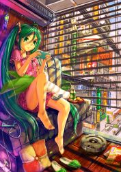Rule 34 | 1girl, air conditioner, barefoot, window blinds, couch, crazypen, cushion, earbuds, earphones, green eyes, green hair, hatsune miku, highres, indoors, long hair, matching hair/eyes, sitting, slippers, solo, teruterubouzu, twintails, very long hair, vocaloid, window