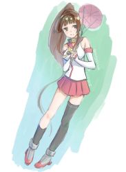 Rule 34 | 1girl, black thighhighs, blush, brown eyes, brown hair, commentary request, dated, detached sleeves, high heels, kangoku kou, kantai collection, long hair, looking to the side, miniskirt, oil-paper umbrella, one-hour drawing challenge, ponytail, sailor collar, simple background, single thighhigh, skirt, smile, solo, thighhighs, twitter username, umbrella, very long hair, yamato (kancolle)