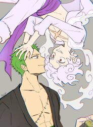Rule 34 | cloud hair, curly eyebrows, earrings, eye contact, facial scar, floating, gear fifth, green hair, grey background, highres, holding another&#039;s head, jewelry, looking at another, male focus, monkey d. luffy, official alternate costume, official alternate eye color, official alternate hair color, official alternate hairstyle, one piece, profile, purple sash, red eyes, roronoa zoro, sash, scar, scar on cheek, scar on chest, scar on face, shirt, short hair, shorts, sideburns, simple background, single earring, smile, spoilers, thick eyebrows, upper body, upside-down, white hair, white shirt, white shorts, yayoi (yyi op)