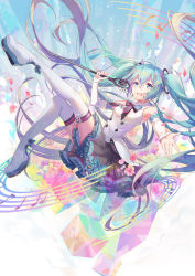 Rule 34 | 1girl, aqua eyes, aqua hair, boots, detached sleeves, flower, hatsune miku, highres, long hair, looking at viewer, magical mirai (vocaloid), magical mirai miku, magical mirai miku (2017), microphone, musical note, open mouth, outstretched arm, ouu min, platform footwear, skirt, solo, staff (music), thigh boots, thighhighs, twintails, very long hair, vocaloid, white thighhighs