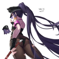 Rule 34 | 1girl, armband, backless outfit, bare shoulders, black gloves, black panties, bodysuit, butt crack, crowbar, dasdokter, fingerless gloves, from behind, gloves, hat, highres, holding, holding crowbar, hololive, hololive english, long hair, looking at viewer, looking back, ninomae ina&#039;nis, panties, pointy ears, ponytail, purple eyes, purple hair, sessyoin kiara, sessyoin kiara (swimsuit mooncancer), sessyoin kiara (swimsuit mooncancer) (second ascension), simple background, solo, takodachi (ninomae ina&#039;nis), tentacle hair, torn bodysuit, torn clothes, underwear, virtual youtuber