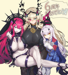 Rule 34 | 3girls, armor, black panties, blonde hair, blush, breasts, barghest (fate), barghest (second ascension) (fate), melusine (fate), melusine (second ascension) (fate), baobhan sith (fate), baobhan sith (second ascension) (fate), fate/grand order, fate (series), forked eyebrows, green eyes, grey eyes, heterochromia, highres, horns, huge breasts, large breasts, long hair, looking at viewer, melon22, multiple girls, nail polish, navel, panties, pantyhose, pauldrons, pelvic curtain, pink hair, pointy ears, red eyes, shoulder armor, silver hair, single pauldron, small breasts, smile, thigh strap, thighhighs, thighs, underwear