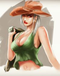 Rule 34 | 1girl, absurdres, ashe (overwatch), asymmetrical hair, booger wang, breasts, casual, cleavage, cowboy hat, earrings, eyeliner, hat, highres, jacket, jacket over shoulder, unworn jacket, jewelry, lipstick, looking at viewer, makeup, medium breasts, medium hair, mole, mole above mouth, nail polish, no bra, overwatch, overwatch 1, red eyes, red lips, revision, short hair, silver hair, solo, tank top