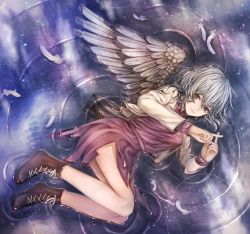 Rule 34 | 1girl, angel wings, bare legs, boots, braid, breasts, crossed fingers, dress, feathered wings, feathers, french braid, from above, highres, jacket, kishin sagume, knees, large breasts, legs, light smile, long sleeves, looking at viewer, lying, nekushiro, on side, on water, open clothes, open jacket, purple dress, red eyes, reflection, ripples, short dress, silver hair, single wing, sky, solo, star (sky), star (symbol), starry background, starry sky, thighs, touhou, water, white wings, wings, x fingers