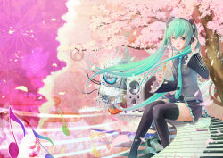 Rule 34 | 1girl, aqua eyes, aqua hair, bad id, bad pixiv id, boots, cherry blossoms, detached sleeves, digital media player, food, hatsune miku, headphones, highres, instrument, keyboard (instrument), legs, lips, long hair, musical note, necktie, one eye closed, petals, rinzou (dangan), sitting, skirt, smile, solo, thigh boots, thighhighs, tree, twintails, very long hair, vocaloid, wink