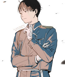 Rule 34 | 1boy, 2020, aiguillette, amestris military uniform, ashes, black hair, blue jacket, blurry, closed mouth, collared jacket, copyright name, dated, depth of field, expressionless, facing viewer, fullmetal alchemist, gloves, half-closed eyes, hand on own arm, hand up, jacket, jaga rico, jitome, looking afar, male focus, military, military uniform, roy mustang, sidelighting, simple background, solo, standing, twitter username, uniform, upper body, white background, white gloves