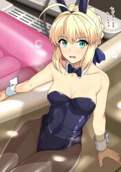 Rule 34 | 1girl, ahoge, alternate costume, animal ears, artoria pendragon (all), artoria pendragon (fate), bare shoulders, black bow, black bowtie, black leotard, blonde hair, bow, bowtie, braid, braided bun, breasts, brown pantyhose, cleavage, collarbone, commentary request, detached collar, fake animal ears, fate/stay night, fate (series), green eyes, hair bun, haruhisky, highres, leotard, looking at viewer, medium breasts, pantyhose, parted lips, partially submerged, playboy bunny, rabbit ears, saber (fate), single hair bun, sitting, soapland, solo, sweat, water, wrist cuffs
