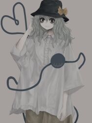 Rule 34 | 1girl, bags under eyes, black hat, bow, bright pupils, closed mouth, collared shirt, cowboy shot, eyeball, green eyes, grey background, grey hair, hat, hat bow, heart, heart of string, komeiji koishi, light smile, looking at viewer, medium hair, oversized clothes, oversized shirt, reverinth, shirt, simple background, skirt, solo, third eye, touhou, wavy hair, wavy mouth, white shirt, yellow bow, yellow skirt