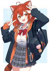 Rule 34 | 1girl, ahoge, animal ear fluff, animal hair ornament, aqua background, arms up, bag, beads, blazer, border, bow, bowtie, braid, collared shirt, double v, earrings, extra ears, fang, grey skirt, highres, hood, hoodie, jacket, jewelry, layered clothes, looking at viewer, nijisanji, notice lines, open mouth, orange eyes, orange hoodie, outside border, plaid, plaid skirt, pleated skirt, ratna petit, ratna petit (5th costume), red bow, red bowtie, red panda ears, red panda girl, red panda tail, school bag, school uniform, shirt, shirt tucked in, short hair, simple background, skirt, solo, tooru (jux), v, virtual youtuber, white border, white shirt