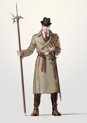 Rule 34 | 1boy, artist name, belt, black hat, black pants, blue eyes, brown coat, brown footwear, cellphone, closed mouth, coat, dated, full body, gradient background, grey background, halberd, hat, highres, holding, holding phone, holding weapon, jane mere, lips, long sleeves, looking at viewer, male focus, manly, necktie, original, pants, phone, polearm, red necktie, shadow, sheath, sheathed, shoes, smartphone, solo, standing, sword, weapon, wing collar