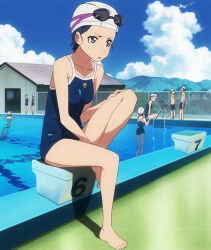 Rule 34 | 3boys, 5girls, ano natsu de matteru, bare shoulders, barefoot, blue eyes, blue hair, building, chain-link fence, cloud, day, feet, fence, highres, male swimwear, mountain, multiple boys, multiple girls, one-piece swimsuit, open mouth, outdoors, pool, scenery, school swimsuit, sitting, sky, standing, stitched, swim cap, swim goggles, swim trunks, swimsuit, tanigawa kanna, third-party edit, water, wet