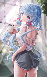 Rule 34 | 1girl, absurdres, alternate costume, ass, ayaka (genshin impact), back, backless outfit, black shorts, blue eyes, blue hair, blunt bangs, breasts, camisole, cowboy shot, cup, curtains, genshin impact, hair ribbon, highres, holding, holding cup, light blue hair, long hair, looking at viewer, looking back, median furrow, medium breasts, minausa, mole, mole under eye, parted lips, ponytail, ribbon, short shorts, shorts, sideboob, sleeveless, solo, tress ribbon, white camisole, window