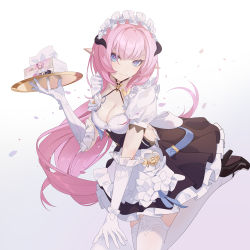 Rule 34 | 1girl, absurdres, alset, apron, black footwear, blue eyes, breasts, chinese commentary, cleavage, closed mouth, commentary request, elbow gloves, elysia (honkai impact), elysia (miss pink elf) (honkai impact), frilled apron, frills, gloves, hair intakes, high heels, highres, holding, holding plate, honkai (series), honkai impact 3rd, horns, large breasts, long hair, looking at viewer, maid, maid apron, maid headdress, pink hair, pink pupils, plate, pointy ears, puffy sleeves, pumps, smile, solo, thighhighs, white thighhighs