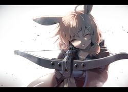 Rule 34 | 1girl, ahoge, aiming, aiming at viewer, animal ears, arknights, ayagi daifuku, bow (weapon), brown coat, brown hair, coat, collarbone, crossbow, glint, gradient background, green ribbon, hair ornament, hair ribbon, hairclip, kroos (arknights), letterboxed, looking at viewer, parted lips, rabbit ears, rabbit girl, red eyes, ribbon, solo, upper body, v-shaped eyebrows, weapon, white background