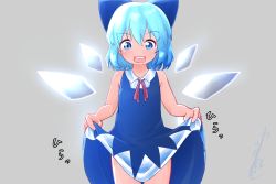 Rule 34 | 1girl, artist name, bare shoulders, blue dress, blue eyes, blue hair, blue ribbon, blue wings, buttons, child, cirno, clothes lift, collared shirt, cowboy shot, dress, dress lift, female focus, flat chest, grey background, hair ribbon, hands up, happy, ice, ice wings, japanese text, katsura dendou, lifted by self, looking at viewer, neck ribbon, open mouth, pinafore dress, red ribbon, ribbon, shiny skin, shirt, short hair, sidelocks, signature, simple background, sleeveless, sleeveless dress, sleeveless shirt, smile, solo, straight-on, teeth, touhou, translation request, white shirt, wings