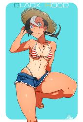 Rule 34 | 1girl, barefoot, bikini, black hair, black hood, blue eyes, breasts, cross, cutoffs, denim, denim shorts, earrings, feet, hat, highres, jewelry, kamezaemon, medium breasts, multicolored hair, navel, necklace, one-piece tan, open fly, original, ponytail, short shorts, shorts, simple background, solo focus, straw hat, striped bikini, striped clothes, swimsuit, tan, tanline, toned, two-tone hair, unbuttoned, white hair