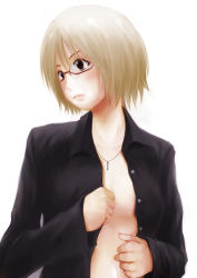 Rule 34 | androgynous, brown hair, dokyuu afro, gender request, glasses, highres, jewelry, necklace, no bra, open clothes, open shirt, original, shirt, short hair, solo, white background