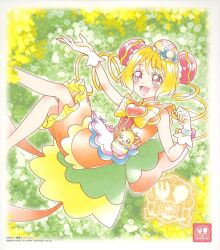 Rule 34 | 1girl, apron, back bow, blonde hair, bow, brooch, bun cover, cure yum-yum, delicious party precure, drill hair, gloves, hanamichi ran, heart, heart brooch, highres, huge bow, jewelry, magical girl, mem-mem (precure), official art, precure, red eyes, smile, solo, third-party source, twin drills, white gloves