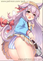 Rule 34 | 1girl, :o, animal ears, artist name, ass, azur lane, bell, blush, bow, bowtie, cat ears, cat tail, crying, crying with eyes open, ears through headwear, embarrassed, from behind, from below, go-it, gun, hat, jingle bell, kisaragi (azur lane), long hair, long sleeves, looking at viewer, looking back, looking down, miniskirt, nose blush, open mouth, over shoulder, panties, pantyshot, pink hair, pleated skirt, purple eyes, red bow, school hat, shiny skin, signature, simple background, skirt, solo, standing, striped clothes, striped panties, tail, tail bow, tail ornament, tears, thighs, underwear, very long hair, watermark, weapon, web address, yellow background, yellow bow, yellow bowtie, yellow hat