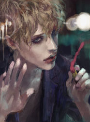 Rule 34 | 1boy, androgynous, as (ashes), blonde hair, blue eyes, glass, lipstick, looking at viewer, lowres, male focus, open clothes, open jacket, original, solo, tareme