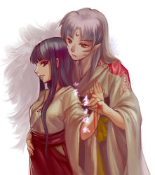 Rule 34 | 1boy, 1girl, bad id, bad pixiv id, couple, facial mark, forehead mark, hand on another&#039;s chest, hand on own hip, hetero, hexagon, hip focus, inuyasha, japanese clothes, kikyou (inuyasha), looking back, miko, pointy ears, profile, sesshoumaru, string, string of fate, traki