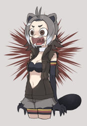 Rule 34 | 1girl, american beaver (kemono friends), animal ears, antenna hair, beaver ears, beaver tail, bikini, bikini top only, black bikini, black gloves, breasts, brown eyes, choker, claws, cleavage, cropped legs, elbow gloves, gloves, grey hair, hair ornament, hairclip, highres, kemono friends, medium breasts, navel, open mouth, short hair, short shorts, shorts, simple background, solo, striped clothes, striped shorts, swimsuit, tail, tirarizun, two-tone background
