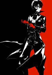 Rule 34 | 1boy, 3four, amamiya ren, black hair, commentary, gloves, jacket, looking to the side, male focus, mask, monochrome, persona, persona 5, red eyes, red gloves, solo