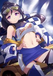 Rule 34 | 1girl, boots, bracelet, breasts, eyewear on head, glasses, hands on own hips, highres, jacket, jewelry, long hair, looking at viewer, midriff, ponytail, purple eyes, purple hair, race queen, skirt, sleeveless, solo, thigh boots, thighhighs, yamaori (yamaorimon)