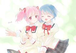 Rule 34 | 2girls, artist name, beige background, black skirt, blue hair, closed eyes, closed mouth, dot nose, gradient background, green background, hair ornament, hair ribbon, hairclip, half-closed eyes, hands up, high collar, highres, incoming hug, juliet sleeves, kaname madoka, lens flare, light blush, long sleeves, mahou shoujo madoka magica, mahou shoujo madoka magica (anime), miki sayaka, mitakihara school uniform, miyama rikka, multiple girls, neck ribbon, open mouth, outstretched arms, pink eyes, pink hair, plaid, plaid skirt, pleated skirt, puffy sleeves, red ribbon, ribbon, school uniform, short hair, side-by-side, skirt, smile, twintails, upper body, v-shaped eyebrows