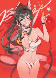 Rule 34 | 1girl, alternate costume, animal ears, araiyme, arknights, black hair, blaze (arknights), blue eyes, breasts, cat ears, cat girl, cat tail, character name, cleavage, commentary, drum, drumsticks, feet out of frame, grin, highres, holding, holding drumsticks, instrument, jewelry, large breasts, long hair, microphone, mixed-language commentary, multiple bracelets, multiple rings, one eye closed, panties, ponytail, red background, ring, sketch, smile, solo, star (symbol), tail, tank top, underwear, white panties, white tank top