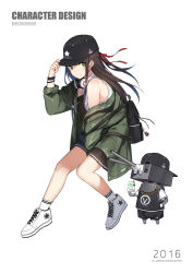 Rule 34 | 1girl, 2016, artist name, backpack, bad id, bad pixiv id, bag, bare shoulders, baseball cap, between legs, black shorts, black skirt, braid, brown hair, closed mouth, coat, commentary, copyright name, drinking straw, earrings, french braid, full body, glint, gloves, green coat, green eyes, hand between legs, hand on headwear, hat, hat tip, headphones, headphones around neck, highres, holding, invisible chair, jewelry, kinugasa (warship girls r), long hair, looking at viewer, necklace, off shoulder, one side up, open clothes, open coat, pleated skirt, robot, shi-chen, shoes, shorts, simple background, sitting, skirt, smile, sneakers, socks, turret, very long hair, warship girls r, white background, white gloves, white legwear, wristband